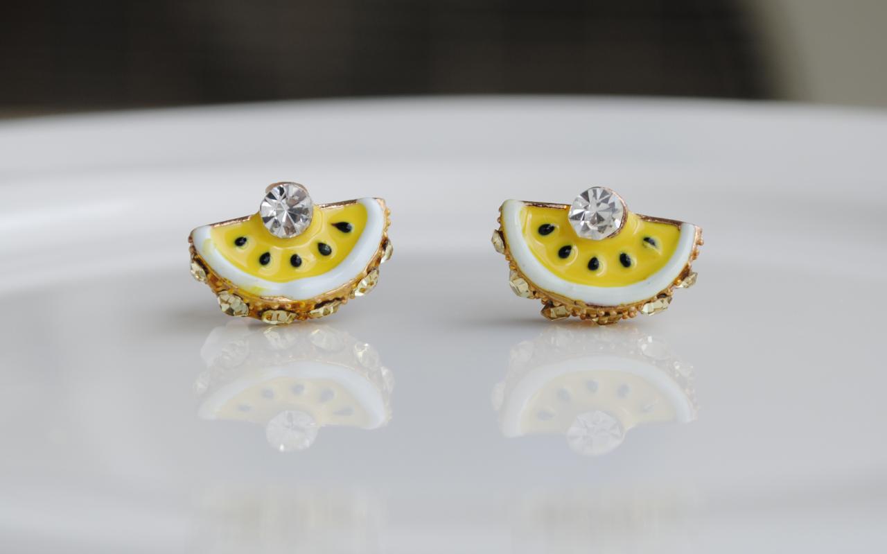 Handmade Very Cute Jewelry Yellow Watermelon Sliced Stud Earrings